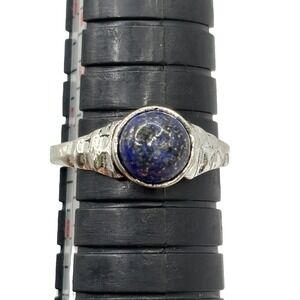 Lapis Lazuli Ring Silver Tone‎ Textured Band Women's Jewelry Size 7-7.5